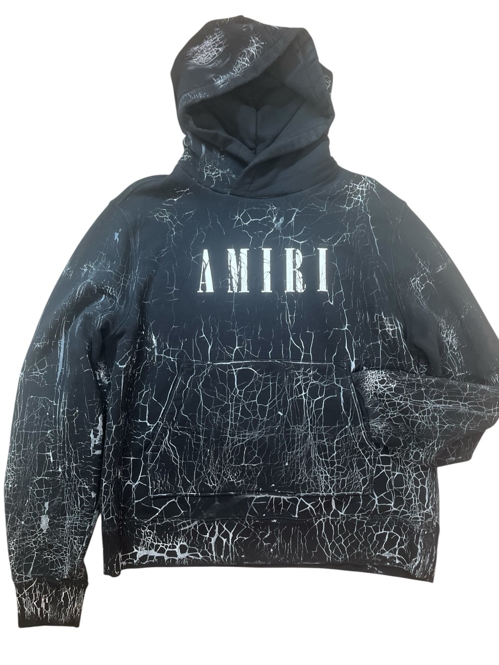 AMIRI Cracked Dye Core Logo Hoodie Mens Large Black White Streetwear Heavyweight